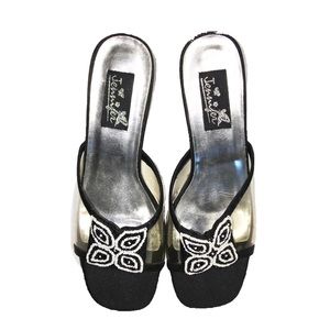 Clear beaded Perspex black mule sandals